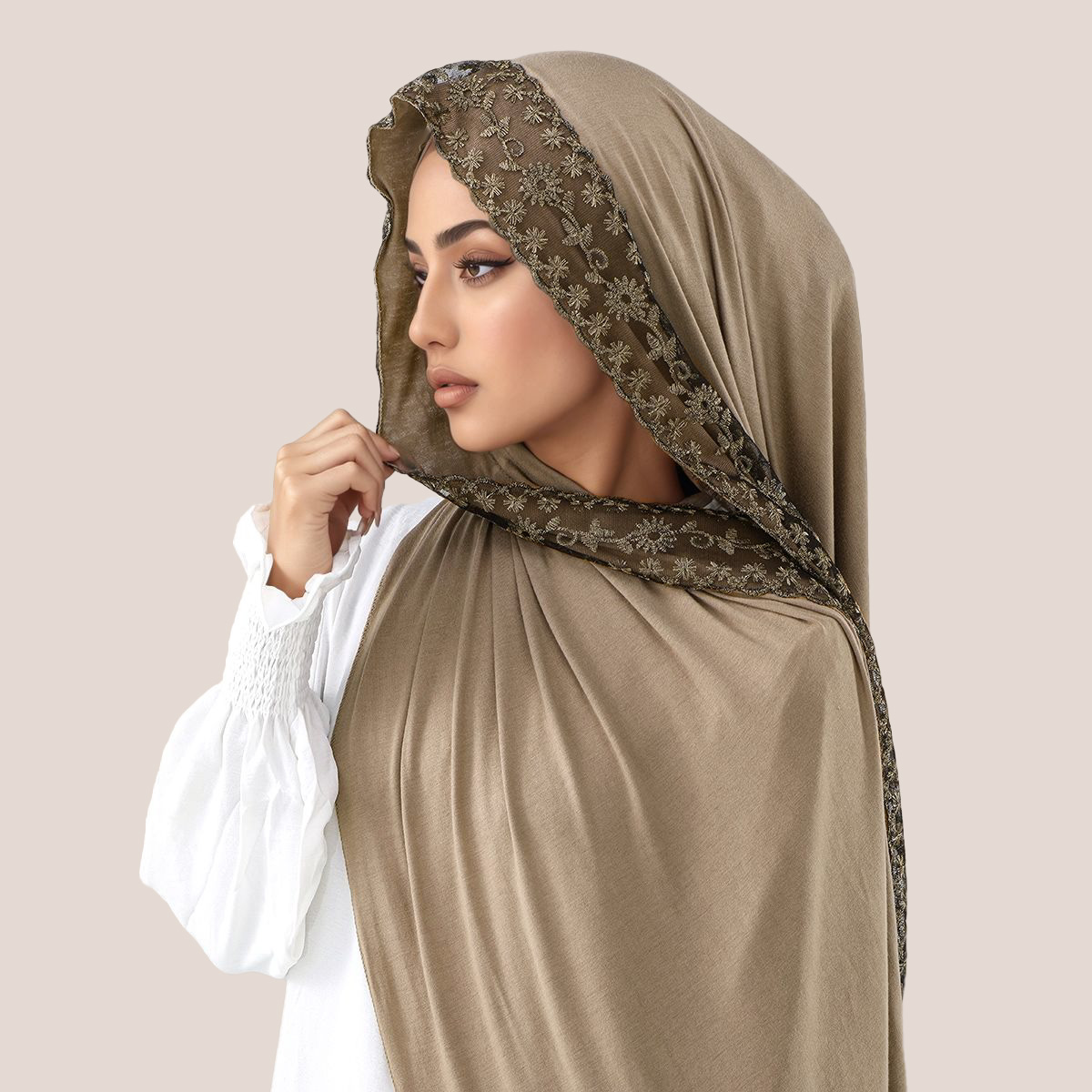 Embroidery Shawl - Dantel İşlemeli Pamuklu Jersey Müslüman Başörtüsü