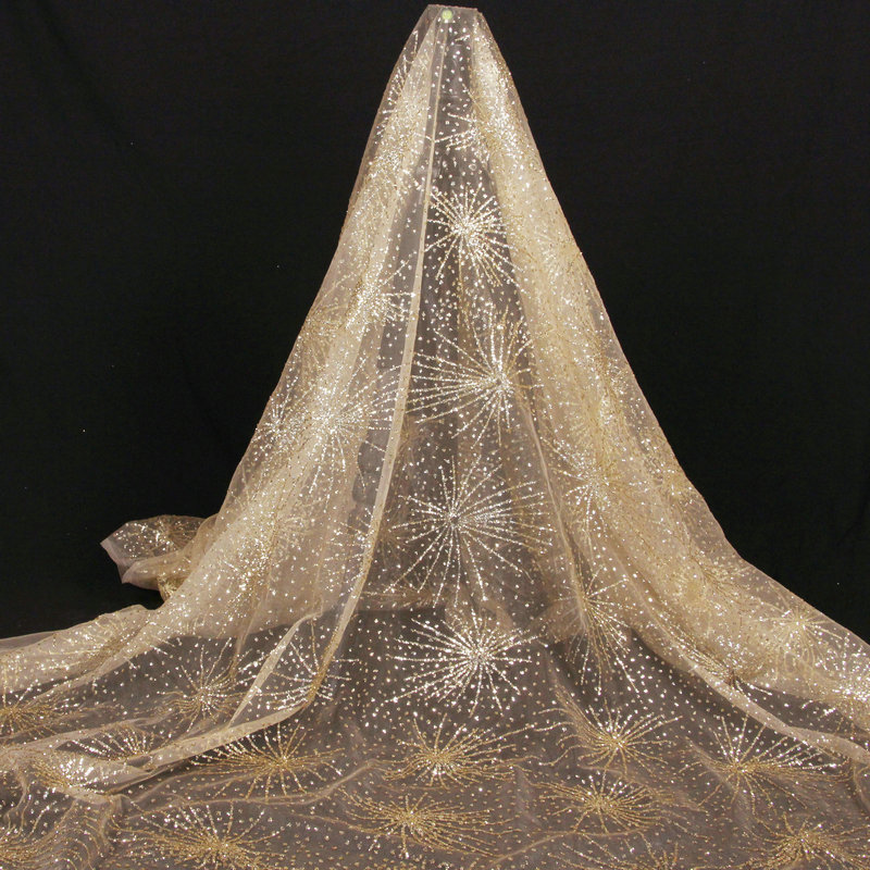 Embroidery Veil - Süslenmiş Tül Kumaş Metalik Altın Çiçek
