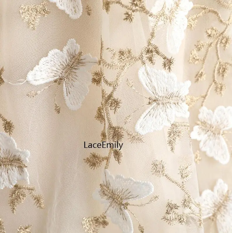 Embroidery Veil - 3D Kelebek Dantel Kumaş Kelebek Altın
