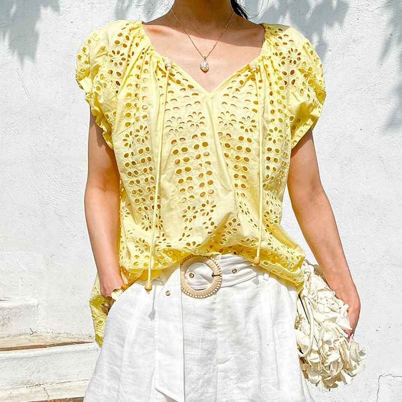 Embroidery Yellow - Fransız Tarzı Zarif Şık Bluz Gömlek