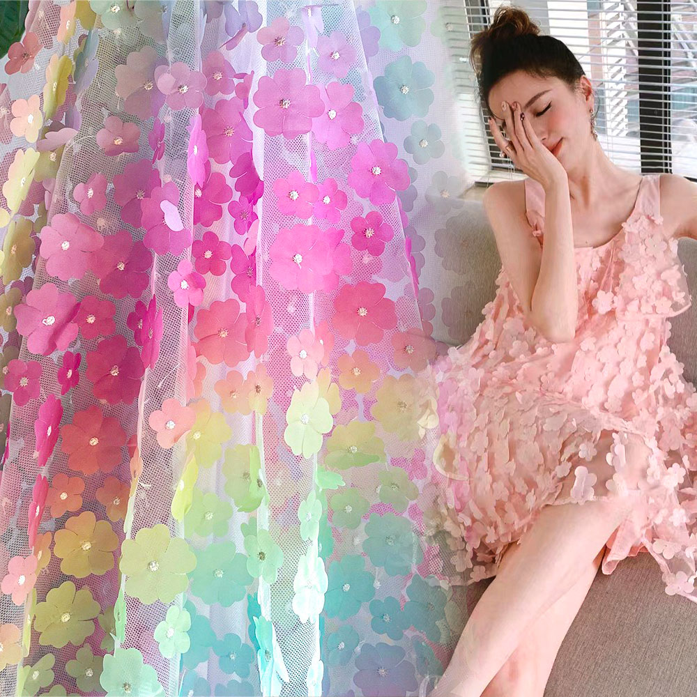 Embroidery Veil - 130cm Genişliğinde Renkli Çiçek İşlemeli File