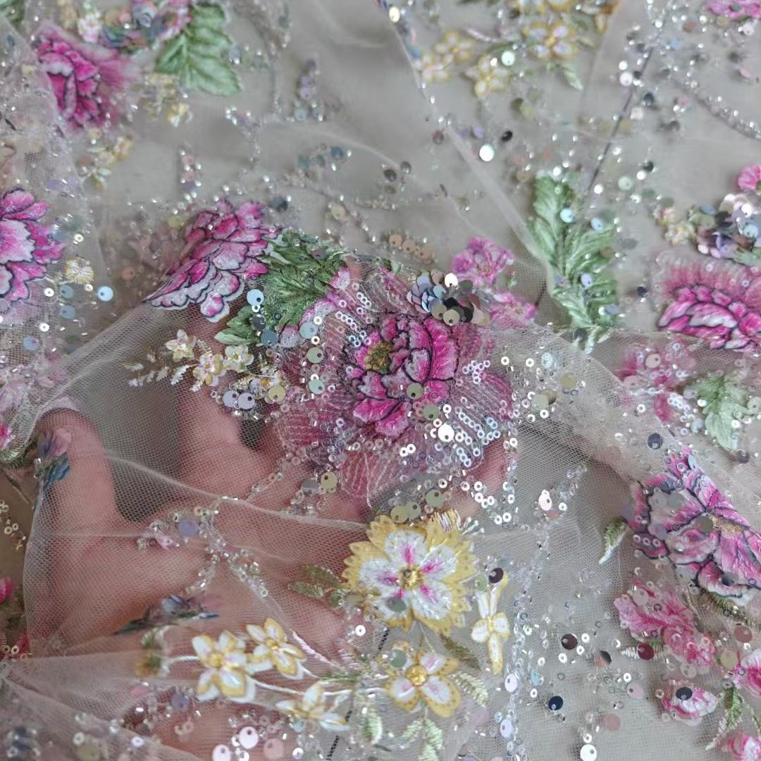Embroidery Underlay - 1M 120Cm Genişliğinde Lüks Boncuklu Dantel