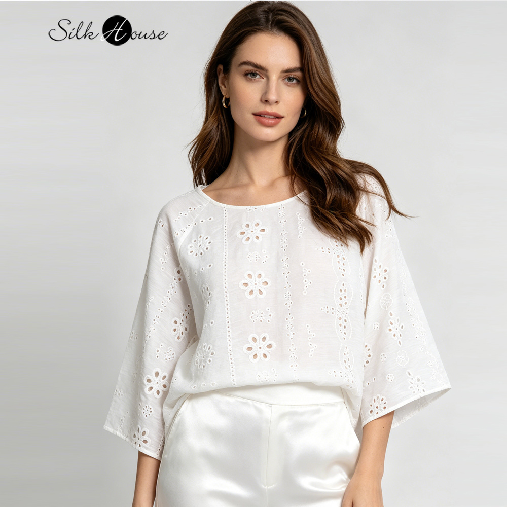 Embroidery Jersey - Büyük Beden Beyaz Oymalı Nakış %75