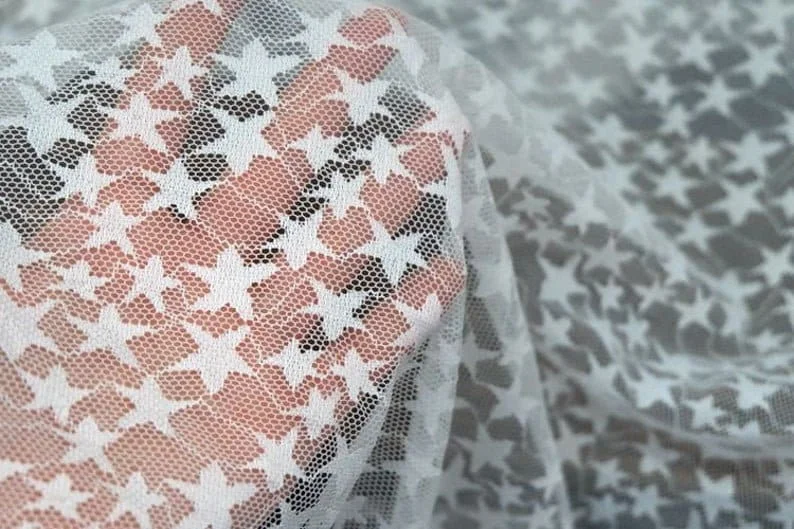 Embroidery Veil - Siyah Beyaz Yumuşak Yıldız Nakış Dantel
